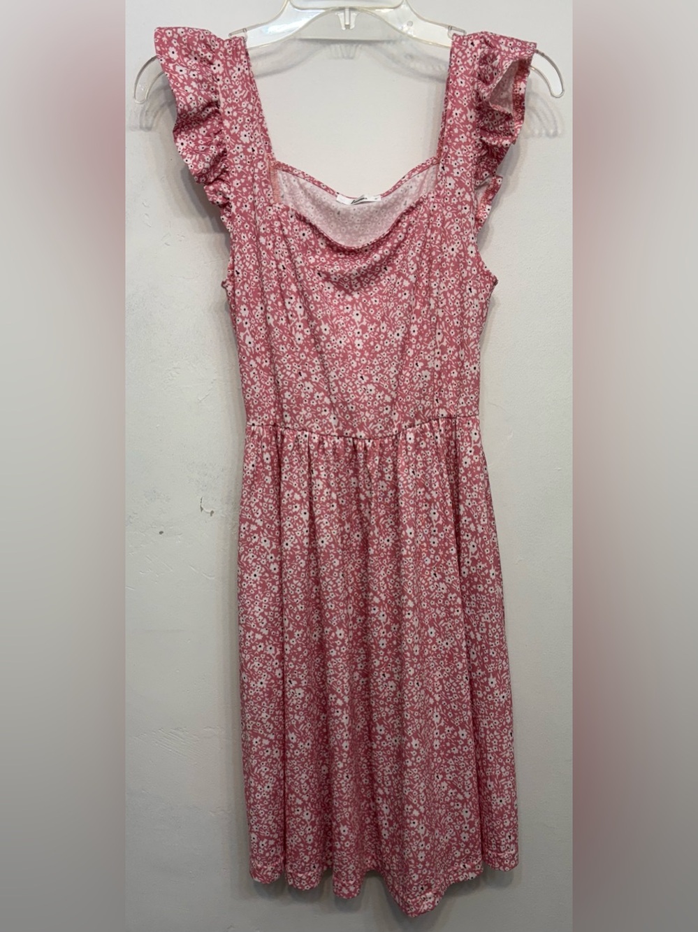 Loemes Pink & White Floral Ruffle Strap Midi Dress With Pockets Size Small NWOT